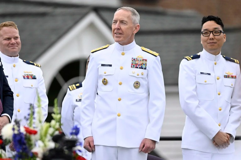 Homeland Security Secretary Kristi Noem announces Admiral Kevin E. Lunday, center, as Commandant, United States Coast Guard at the commencement for the United States Coast Guard Academy, Wednesday, May 21, 2025 in New London, Conn. Lunday has been Acting Commandant since January of 2025.