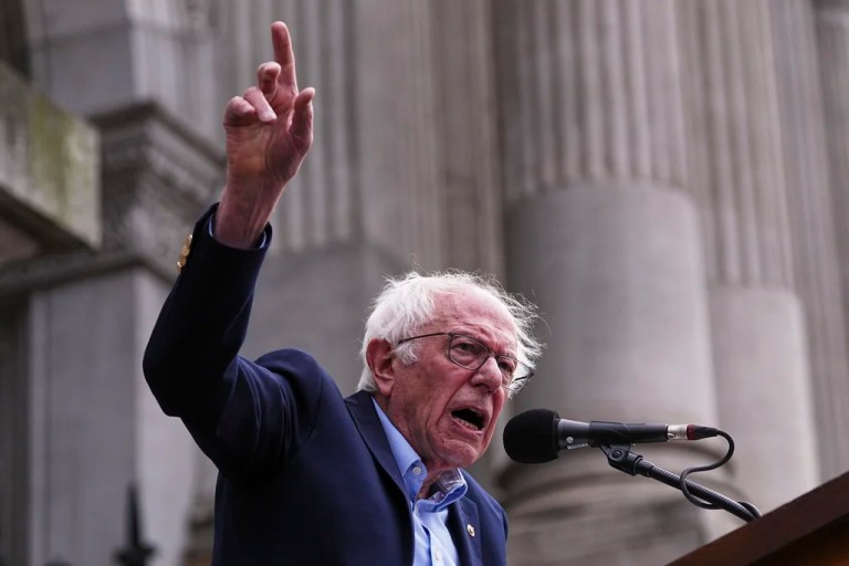 Sen. Bernie Sanders, I-Vt., speaks to demonstrators during a May Day rally outside City Hall in Philadelphia, Thursday, May 1, 2025.