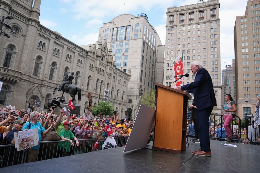 Sen. Bernie Sanders, I-Vt., speaks to demonstrators during a May Day rally outside City Hall in Philadelphia, Thursday, May 1, 2025. 