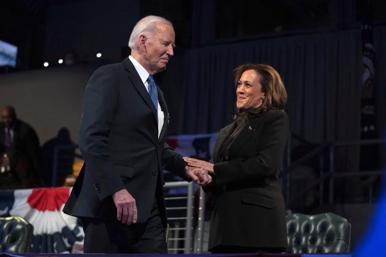 President Joe Biden, left, and Vice President Kamala Harris attend a Department of Defense Commander in Chief farewell ceremony at Joint Base Myer-Henderson Hall, Thursday, Jan. 16, 2025, in Arlington, Va.