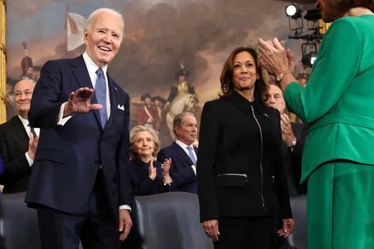 President Joe Biden and Vice President Kamala Harris arrive during the 60th Presidential Inauguration in Capitol Rotunda in Washington, Monday, Jan. 20, 2025.