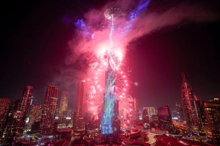 Fireworks explode at the Burj Khalifa, the world's tallest building, to celebrate New Year's in Dubai, United Arab Emirates, Jan. 1, 2025.