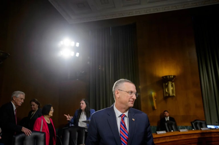 Secretary of Veterans Affairs Doug Collins arrives for a Senate Committee on Veterans Affairs hearing to examine veterans at the forefront, focusing on the future at the U.S. Department of Veterans Affairs, on Capitol Hill, Tuesday, May 6, 2025, in Washington.