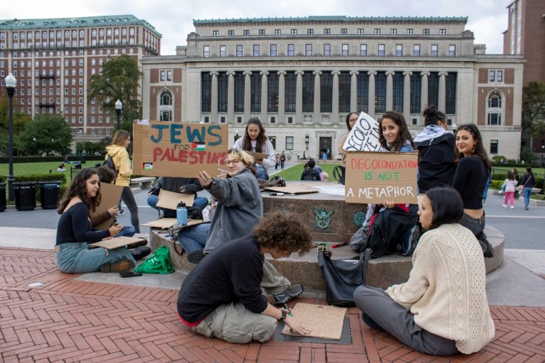 Demonstrators gather with signs near the Butler Library on the Columbia University campus in the Morningside Heights neighborhood of New York City on Sunday, October 8, 2023.