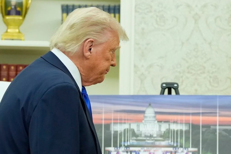 President Donald Trump departs at the conclusion of an event to announce that the 2027 NFL Draft will be held on the National Mall, in the Oval Office of the White House, Monday, May 5, 2025, in Washington.