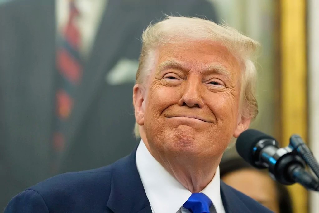 President Donald Trump speaks during an event to announce that the 2027 NFL Draft will be held on the National Mall, in the Oval Office of the White House, Monday, May 5, 2025, in Washington.