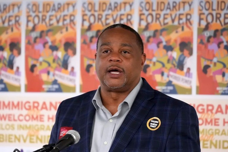 Pittsburgh Mayor Ed Gainey attends a May Day rally in Pittsburgh, Thursday, May 1, 2025. (AP Photo/Gene J. Puskar)