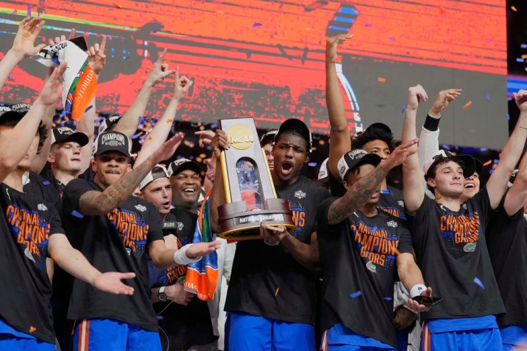 Florida celebrates after beating Houston in the national championship at the Final Four of the NCAA college basketball tournament, Monday, April 7, 2025, in San Antonio.
