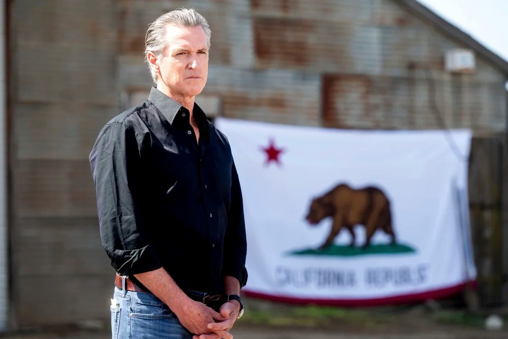 California Gov. Gavin Newsom stands in front of a state flag during a press conference about President Donald Trump's tariffs on Wednesday, April 16, 2025, at an almond farm in Ceres, Calif.