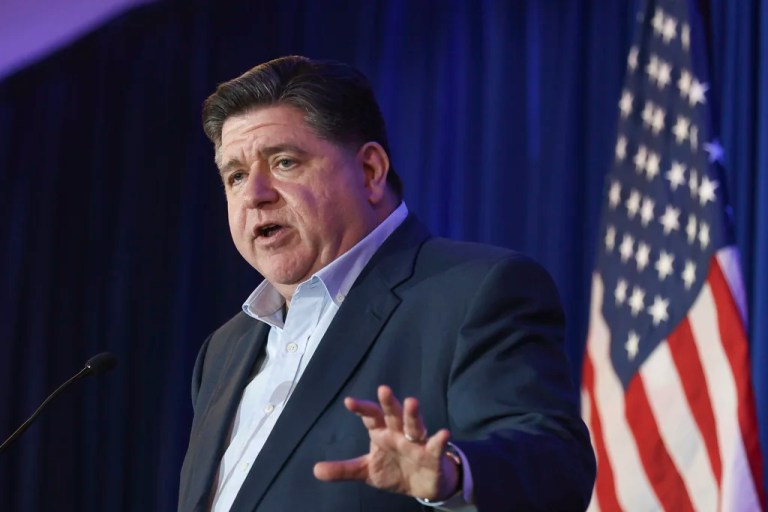 Illinois Gov. JB Pritzker speaks during the McIntyre-Shaheen 100 Club Dinner, Sunday April 27, 2025, in Manchester, N.H.