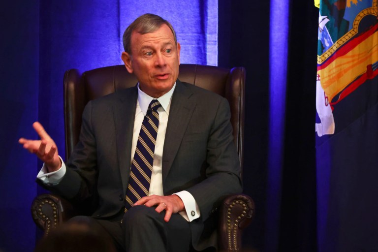 Chief Justice John Roberts speaks during a fireside chat at the 125th anniversary celebration of the United States District court for the Western District of New York, Wednesday, May 7, 2025, in Buffalo, N.Y.