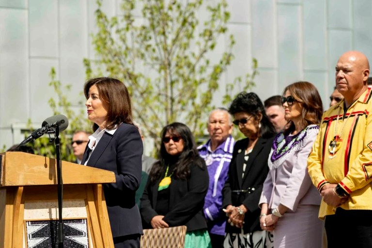 New York Gov. Kathy Hochul issues a formal apology on behalf of New York State for its role in operating the Thomas Indian School, Tuesday,May 20, 2025, outside the William Seneca Administration Building in Irving, N.Y.