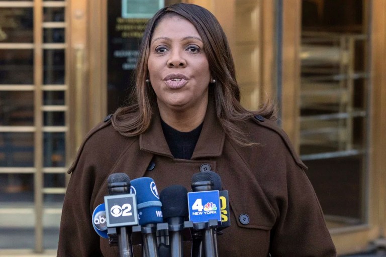 New York Attorney General Letitia James speaks during a news conference outside Manhattan federal court in New York on Friday, Feb. 14, 2025.