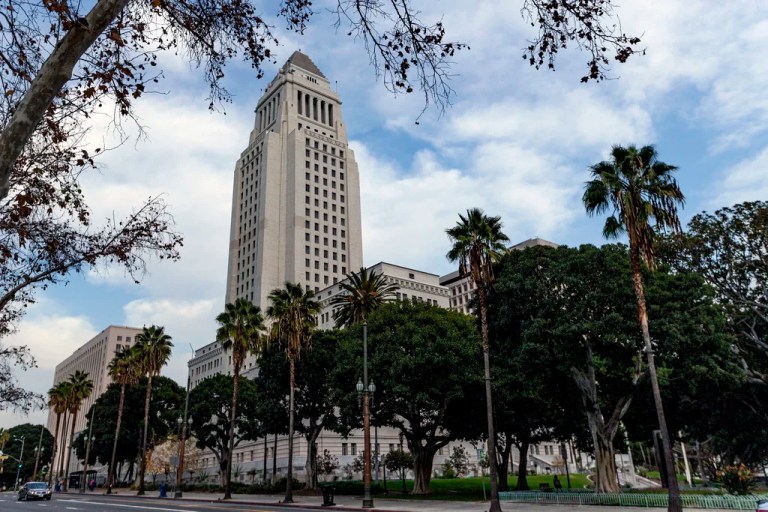 The Los Angeles City Hall building is seen in downtown Los Angeles on Jan. 8, 2020.