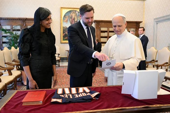 Pope Leo XIV exchanges gifts with US Vice President J.D. Vance and his wife Usha Vance during a private audience at the Apostolic Palace on May 19, 2025 in Vatican City, Vatican. The Holy See Press Office announced that Pope Leo XIV met with the Vice President of the United States of America, James David Vance, on Monday morning. The US Secretary of State, Marco Rubio, and their wives were also present at the audience.The US Vice President and Secretary of State represented the United States at the Pope’s Mass of Inauguration of his Petrine Ministry on Sunday morning in St. Peter’s Square.