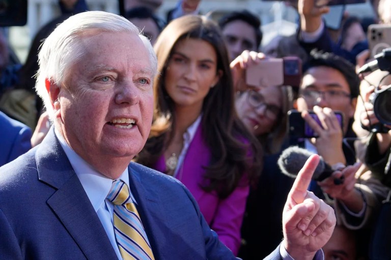 Sen. Lindsey Graham, R-S.C., speaks to reporters outside the West Wing of the White House in Washington, Friday, Feb. 28, 2025. (AP Photo/Ben Curtis)