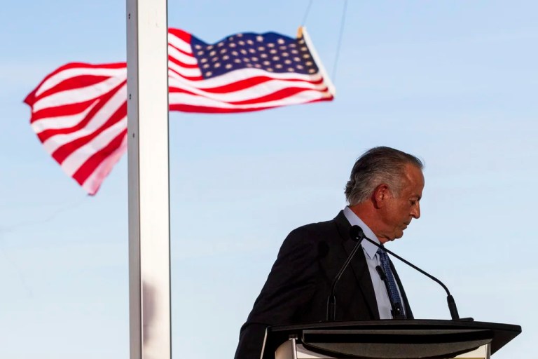 Nevada Governor Joe Lombardo leaves the stage at a groundbreaking for a high-speed passenger rail on Monday, April 22, 2024, in Las Vegas. A $12 billion high-speed passenger rail line between Las Vegas and the Los Angeles area has started construction.