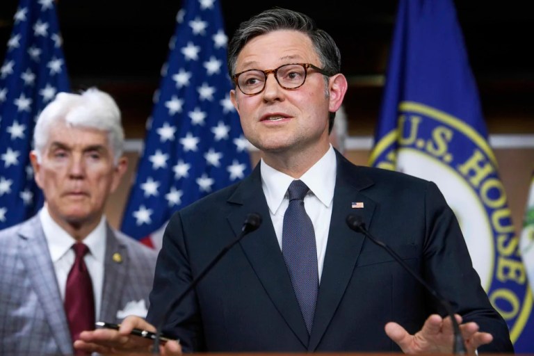 House Speaker Mike Johnson, R-La., speaks during a news conference at the Capitol, May 6, 2025, in Washington.