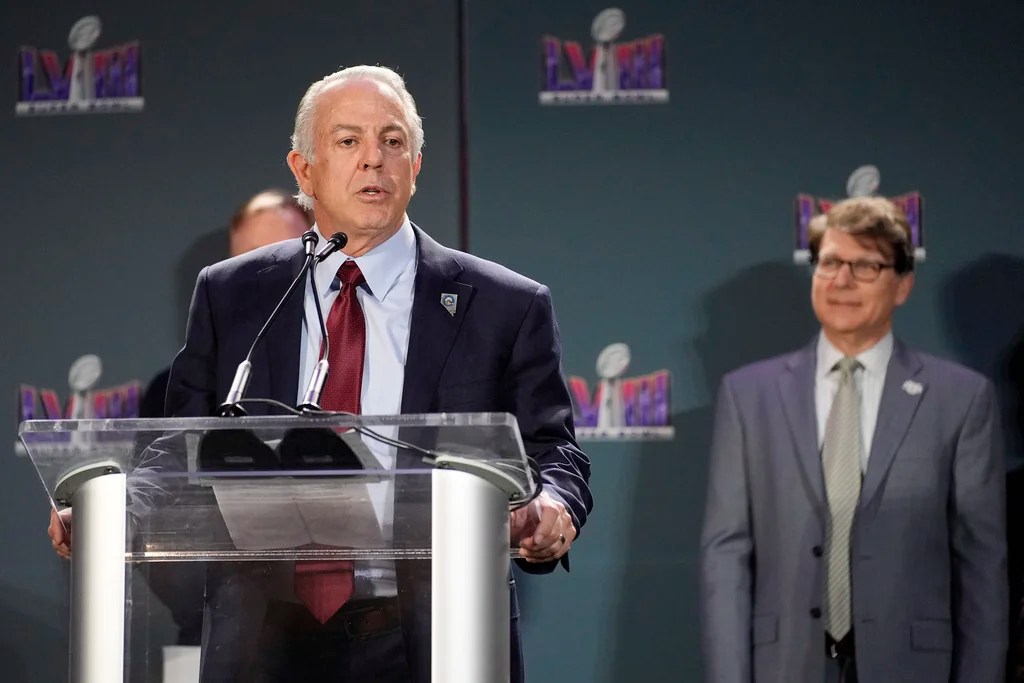 Nevada governor Joe Lombardo speaks during a news conference following the Super Bowl 58 NFL football game Monday, Feb. 12, 2024, in Las Vegas.