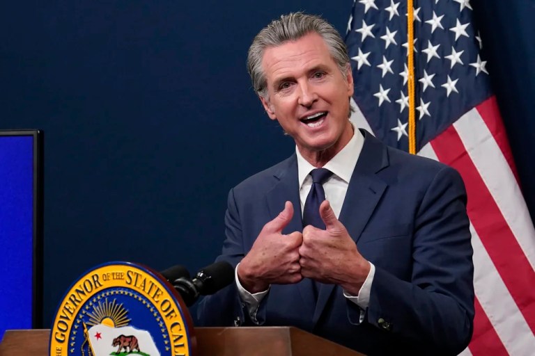 Calif. Gov. Gavin Newsom presents his revised state budget during a news conference in Sacramento, Calif., Wednesday, May 14, 2025.