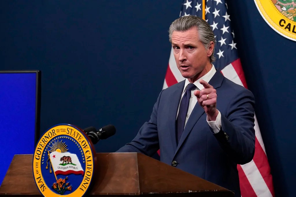 Calif. Gov. Gavin Newsom presents his revised state budget during a news conference in Sacramento, Calif., Wednesday, May 14, 2025.