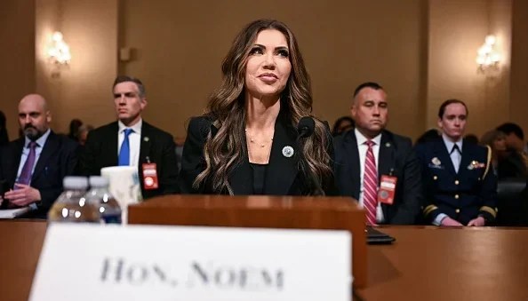 US Secretary of Homeland Security Kristi Noem takes her seat as she arrives for a House Committee on Homeland Security hearing on fiscal year 2026 budget requests, on Capitol Hill in Washington, DC, May 14, 2025.