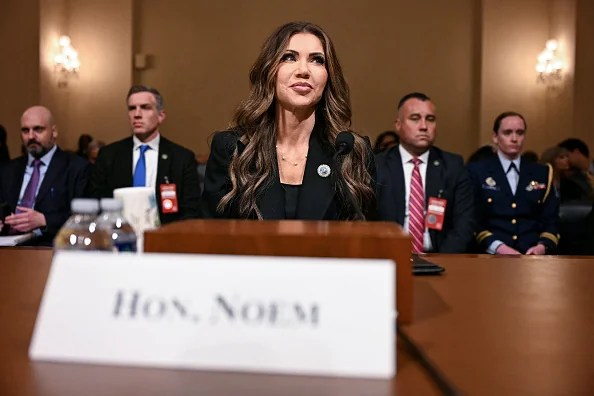 US Secretary of Homeland Security Kristi Noem takes her seat as she arrives for a House Committee on Homeland Security hearing on fiscal year 2026 budget requests, on Capitol Hill in Washington, DC, May 14, 2025.
