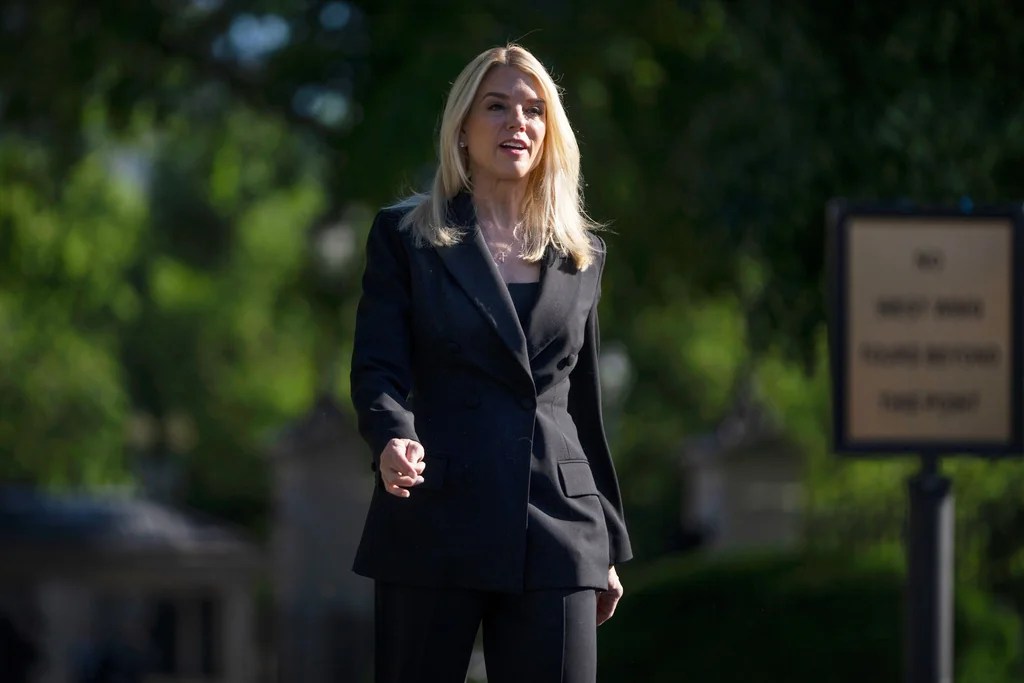 Attorney General Pam Bondi arrives to speak to reporters outside the White House, Wednesday, May 7, 2025, in Washington.