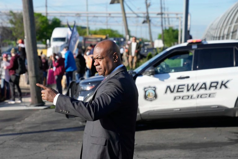 Newark Mayor Ras Baraka joins protesters outside of Delaney Hall, a recently reopened immigration detention center, in Newark, New Jersey, Wednesday, May 7, 2025.