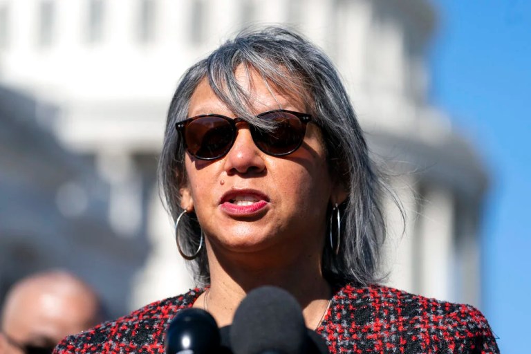 Rep. Robin Kelly, D-Ill., speaks with reporters about the Violent Incident Clearance and Technological Investigative Methods (VICTIM) Act, during a news conference on Capitol Hill, Wednesday, Feb. 9, 2022, in Washington.