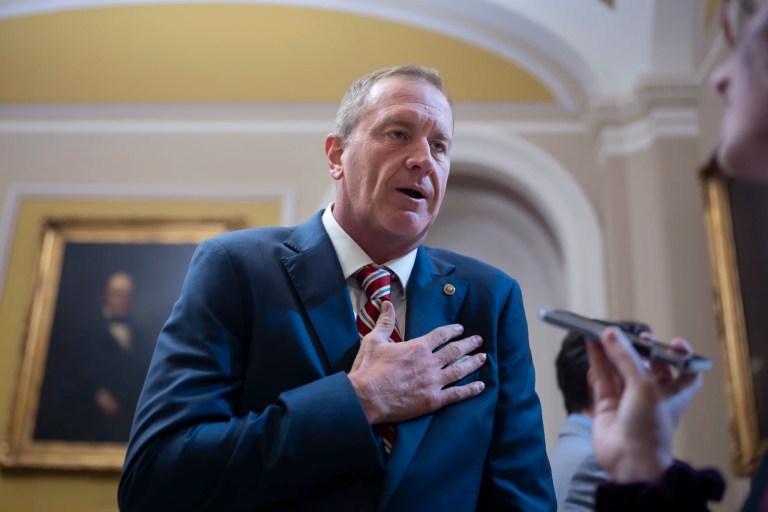 Sen. Eric Schmitt (R-MO) speaks with reporters at the Capitol in Washington, Wednesday, Sept. 25, 2024.