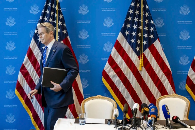 U.S. Secretary of the Treasury Scott Bessent walks at the end of a press conference after two days of closed-door discussions on trade between the United States and China, in Geneva, Switzerland, Monday, May 12, 2025.