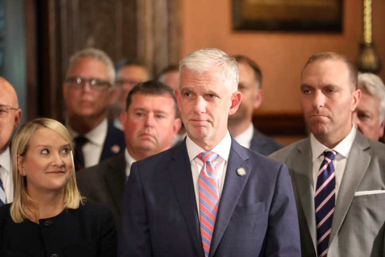 Republican South Carolina Sen. Michael Johnson listens to speakers at a ceremonial bill signing on lawsuit reform on Wednesday, May 28, 2025, in Columbia, South Carolina.