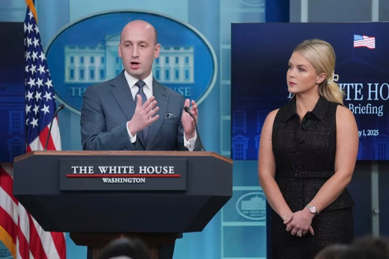 White House deputy chief of staff Stephen Miller, alongside White House press secretary Karoline Leavitt, speaks during a press briefing at the White House, Thursday, May 1, 2025, in Washington.