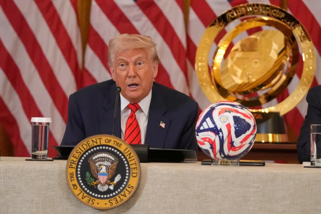 President Donald Trump speaks during a FIFA task force meeting in the East Room of the White House, Tuesday, May 6, 2025, in Washington. (AP Photo/Mark Schiefelbein)