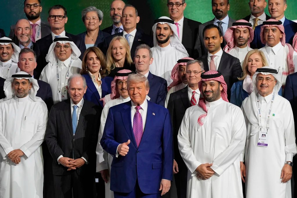 President Donald Trump and Saudi Crown Prince Mohammed bin Salman pose for a photo at the Saudi-U.S. Investment Forum at the King Abdulaziz International Conference Center in Riyadh, Saudi Arabia, Tuesday, May 13, 2025.