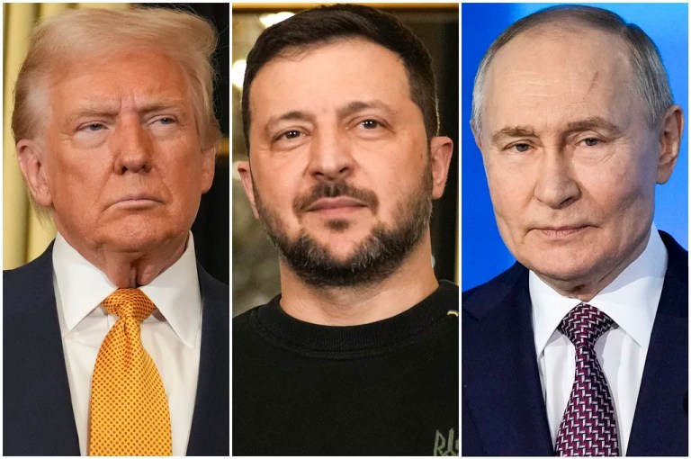 In this combination of file photos, President Donald Trump, left, and Ukrainian President Volodymyr Zelensky, center, are seen at the Elysee Palace, Dec. 7, 2024, in Paris, and Russian President Vladimir Putin, right, addresses a Technology Forum in Moscow, Feb. 21, 2025.