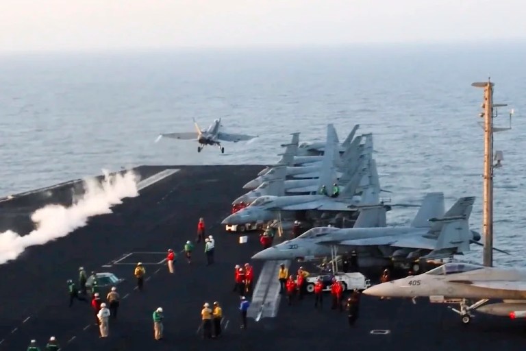 This image taken from video provided by the U.S. Navy shows an aircraft launching from the USS Harry S. Truman in the Red Sea before airstrikes in Sanaa, Yemen, Saturday, March 15, 2025.