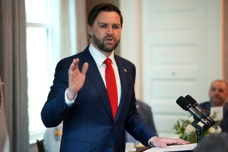 Vice President JD Vance speaks during a National Police Week breakfast at the Vice President's residence, Wednesday, May 14, 2025 in Washington. Vance is hosting local law enforcement from across the country as thousands of law enforcement officers, their family, and supporters gather in Washington annually in May for National Police Week. (Andrew Harnik/Pool via AP)
