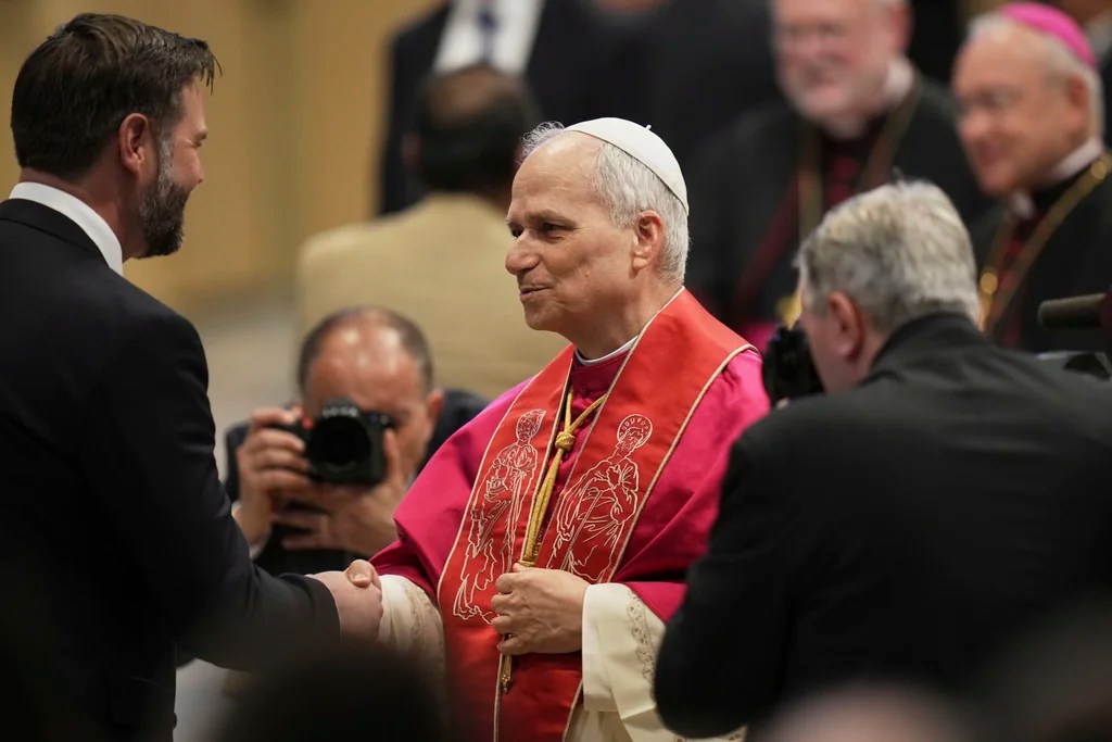 Pope Leo XIV's meets Vice President JD Vance after the formal inauguration of his pontificate in St. Peter's Square, at the Vatican, Sunday, May 18, 2025.