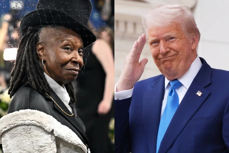 The View co-host Whoopi Goldberg, left, and President Donald Trump, right.