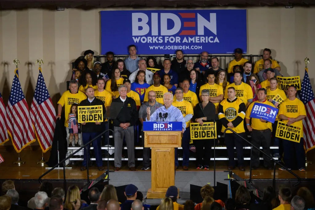 Former U.S. Vice President Joe Biden, 2020 Democratic presidential candidate, speaks at the Teamsters Local 249 hall during a campaign stop in Pittsburgh, Pennsylvania, U.S., on Monday, April 29, 2019. Biden launched his presidential campaign with an appeal to Rust Belt workers who helped Donald Trump squeeze out victories in Pennsylvania and the upper Midwest, telling an audience in Pittsburgh Monday that they hold the key to the White House in 2020.