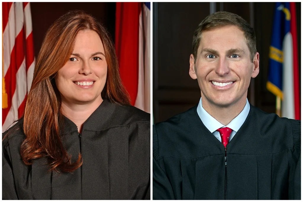 North Carolina Supreme Court Justice Allison Riggs, a Democrat, and North Carolina Appeals Court Judge Jefferson Griffin, a Republican. Both are candidates for the 2024 North Carolina Supreme Court election. (AP Photos/Roger Winstead/North Carolina Administrative Office of the Courts)