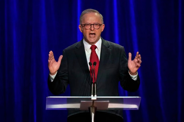 Australian Prime Minister Anthony Albanese gestures as he addresses the party faithful after winning a second term following the general election in Sydney, Saturday, May 3, 2025.