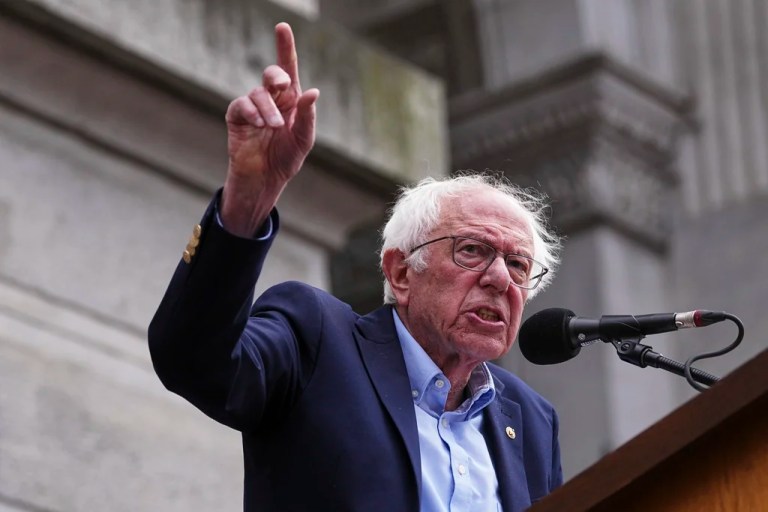 Sen. Bernie Sanders, I-Vt., speaks to demonstrators during a May Day rally outside City Hall in Philadelphia, Thursday, May 1, 2025.