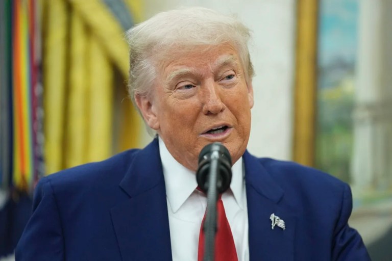 President Donald Trump speaks during a swearing in ceremony for interim U.S. Attorney General for the District of Columbia Jeanine Pirro, Wednesday, May 28, 2025, in The Oval Office of the White House in Washington.