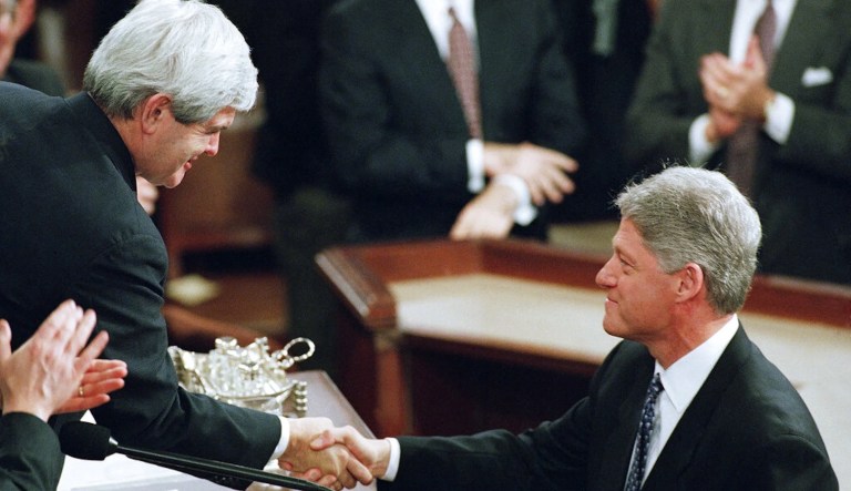 Former President Bill Clinton shakes hands with former Speaker of the House Newt Gingrich after his second State of the Union address on the floor of the 104th Congress on Capitol Hill in Washington, Tuesday, Jan. 24, 1995. Over and over during his address, Clinton stressed conciliation and partnership even as he offered his own program to cut taxes, shrink government and help the middle class.