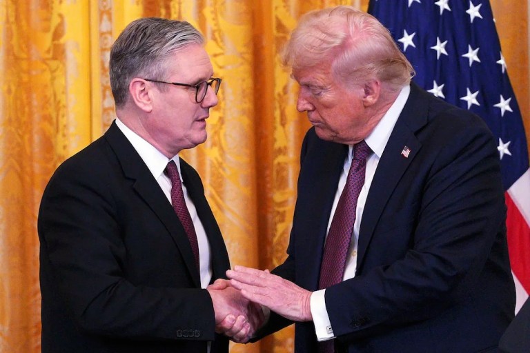 Britain's Prime Minister Keir Starmer, left, and President Donald Trump shake hands at a joint press conference in the East Room at the White House Thursday, Feb. 27, 2025, in Washington.