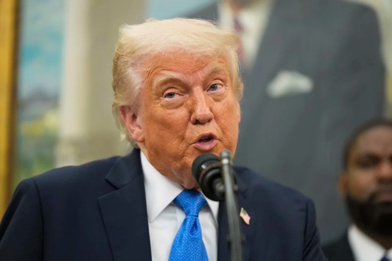 President Donald Trump speaks before presenting law enforcement officers with an award in the Oval Office at the White House, Monday, May 19, 2025. (AP Photo/Manuel Balce Ceneta)