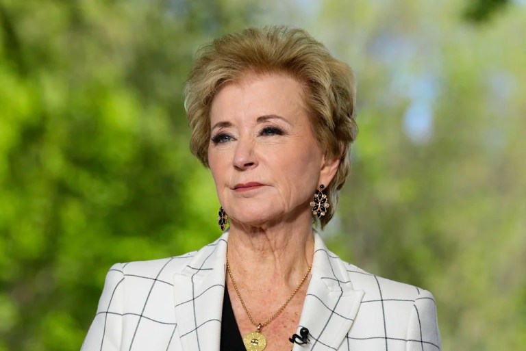 Education Secretary Linda McMahon does a television interview at the White House, Wednesday, April 16, 2025, in Washington.